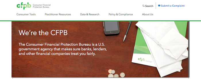The
              homepage of consumerfinance.gov as of March 2019.