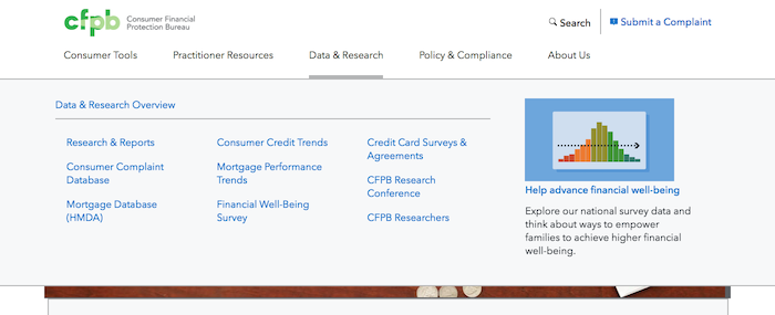 An example of
              an expanded menu from consumerfinance.gov from March 2019 showing the multi-column
              menu style, a featured content section, and room to expand.