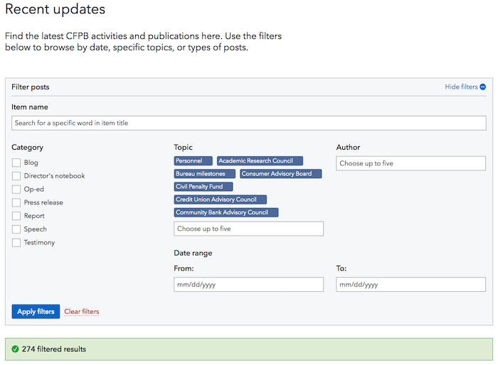 The
              user interface for the recent updates content type on consumerfinance.gov.
              The filtering menu includes name, category, topic, author, and date range.