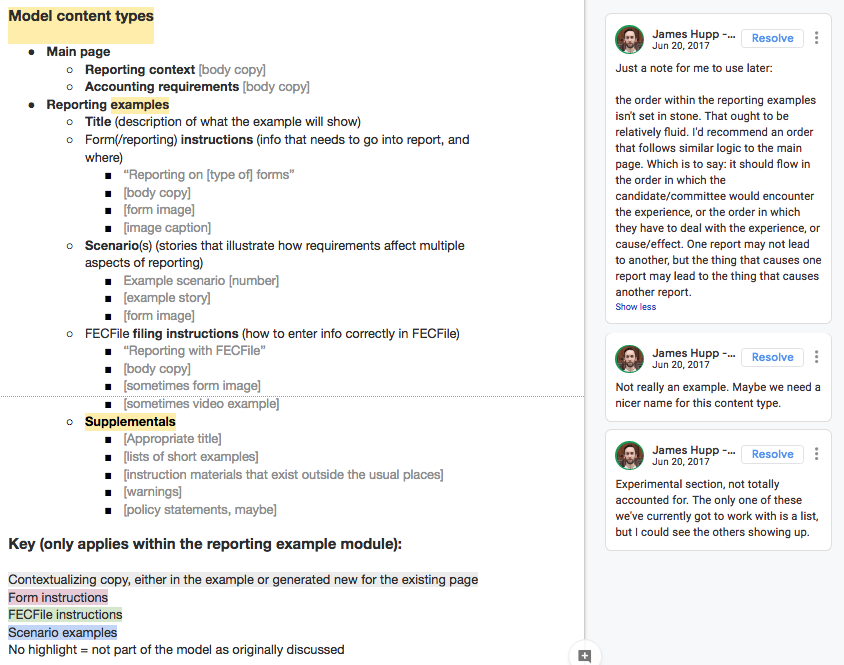 The content model for
              FEC reporting examples, as it looked in development, shows the hierarchy
              of the reporting content and its relationship to the help content.
